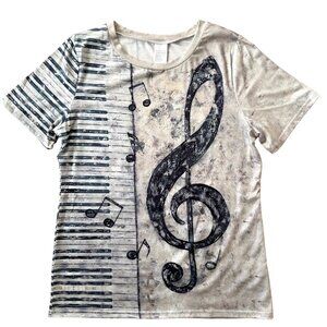 Music Graphic Shirt Womens Large Piano Keyboard Treble Clef Print